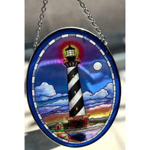 AMIA Stained Glass Lighthouse Suncatcher Coastal Nautical Window Panel Decor